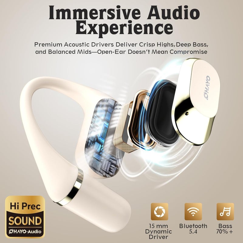 OHAYO Open Ear Headphones,Earbuds with Ergonomic Earhook,Bluetooth Headphones 5.4 with Smart Digital Display,40H Playtime,IPX6 Waterproof,Touch Control Earphones Fit Cycling,Running,Workout(Beige) - Image 5